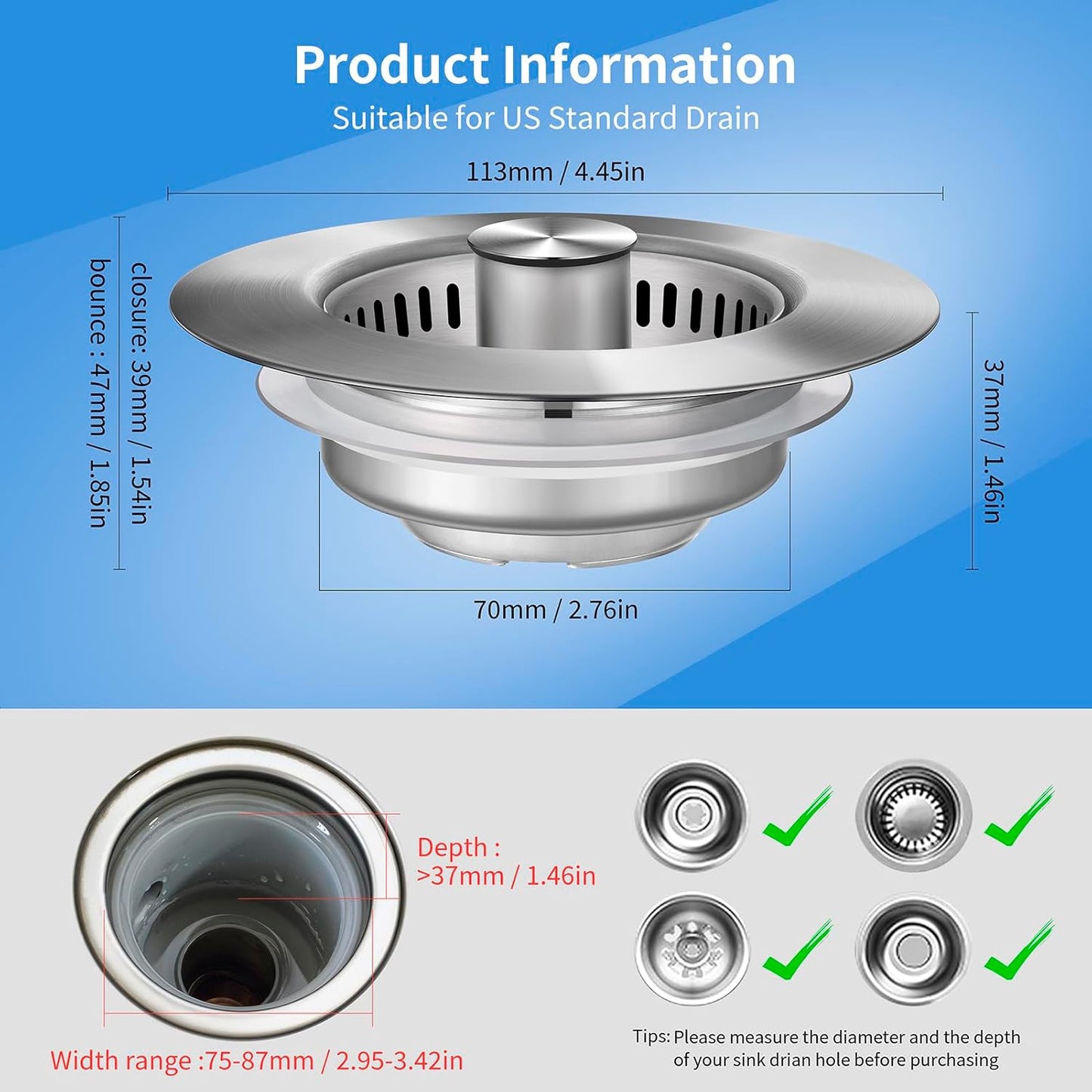 Upgraded 3 in 1 Kitchen Sink Drain Strainer