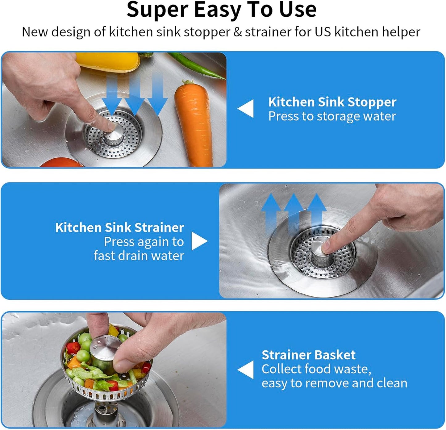 Upgraded 3 in 1 Kitchen Sink Drain Strainer