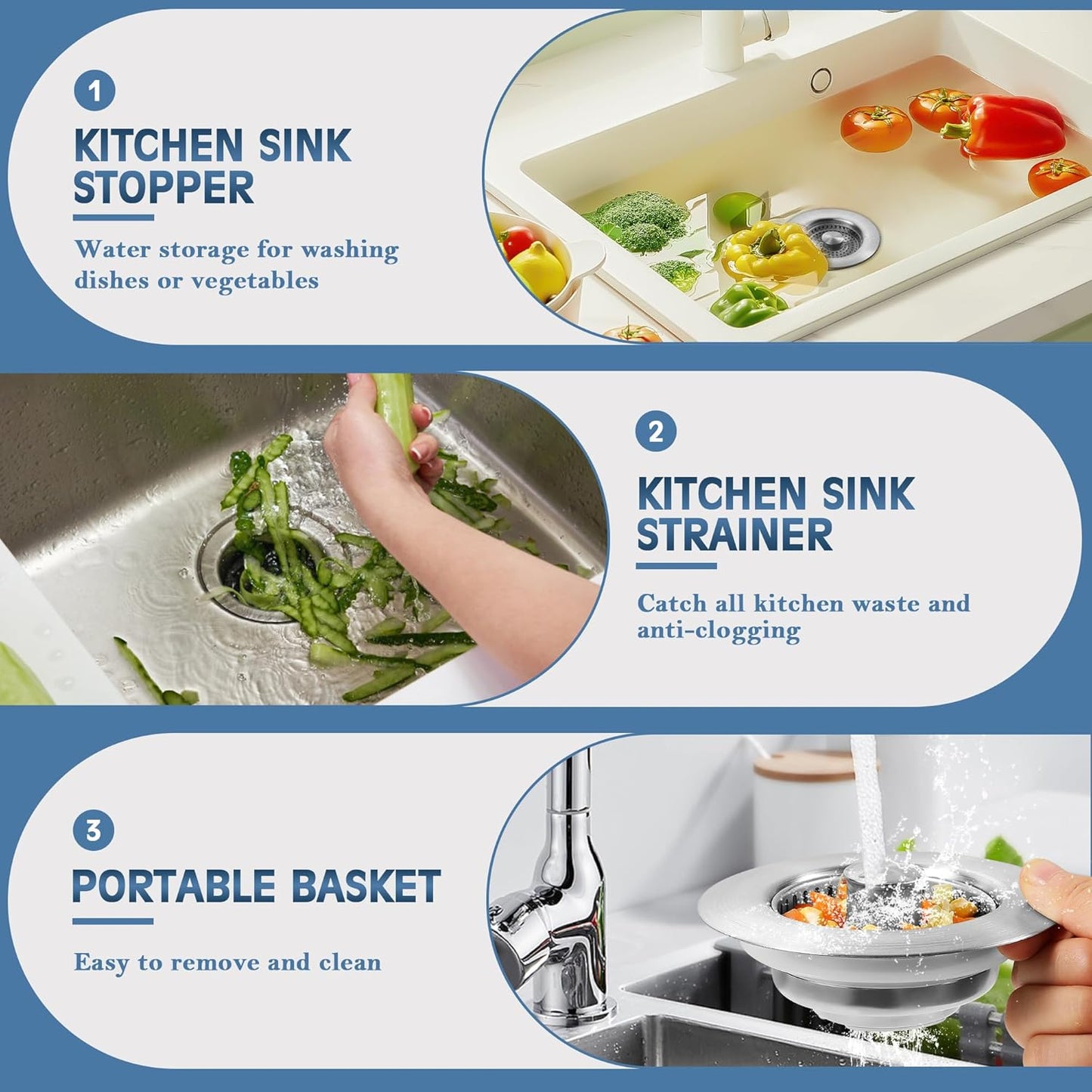 Upgraded 3 in 1 Kitchen Sink Drain Strainer